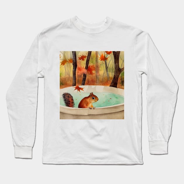 Autumn Leaves Squirrel Bathing Long Sleeve T-Shirt by fistikci